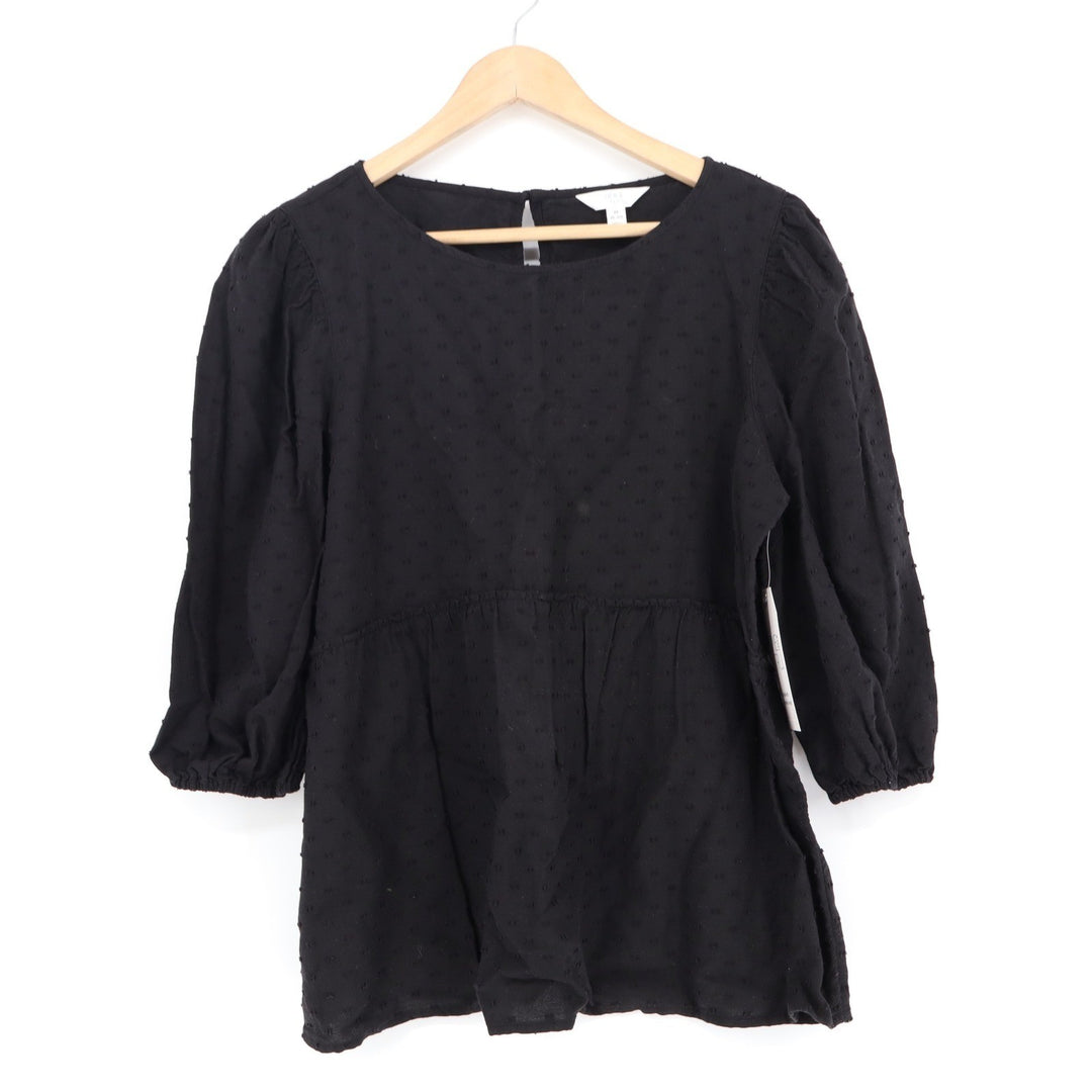 Time and Tru Womens Black Swiss Dot Peplum Top 3/4 Puff Sleeve Size M 8-10 NEW