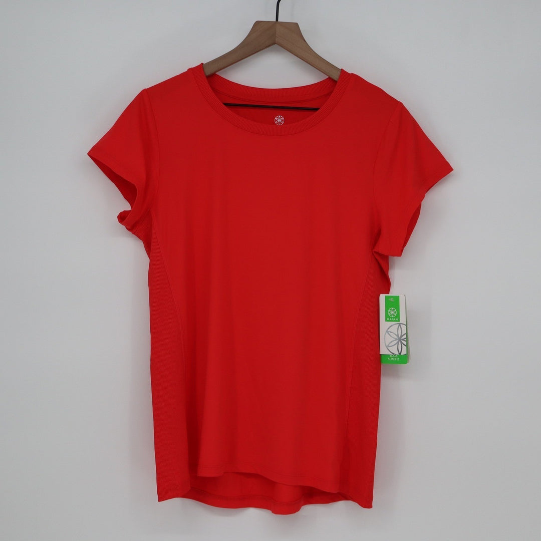 Gaiam Womens Rib Mix Performance Tee Hibiscus Red Yoga Slim Fit L