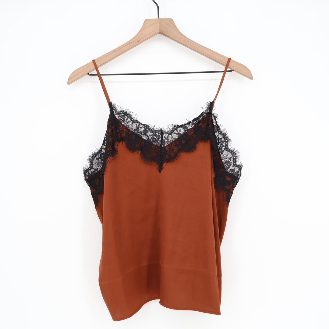 Rust Orange Satin Camisole Top Black Eyelash Lace Trim Adjustable Straps Size M