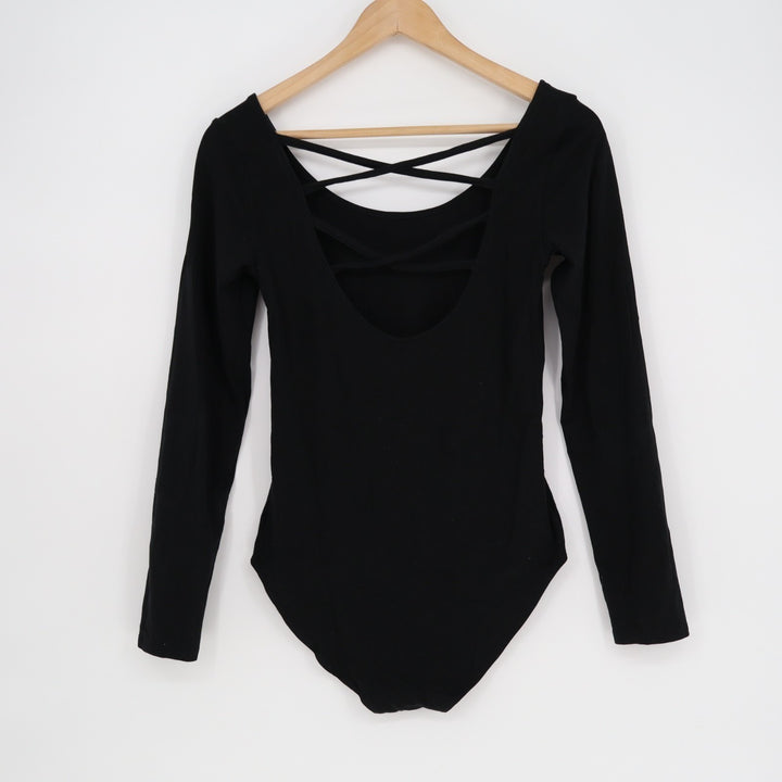American Eagle Outfitters Bodysuit Women M Black Cotton Stretch Criss Cross Back