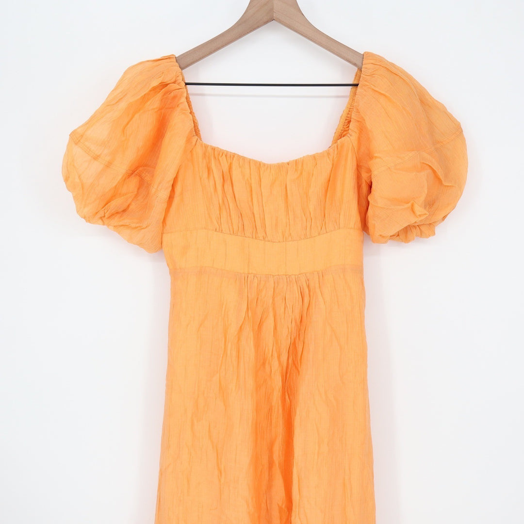 Showpo Roshine Orange Puff Sleeve Straight Neck Midi Dress Size 4