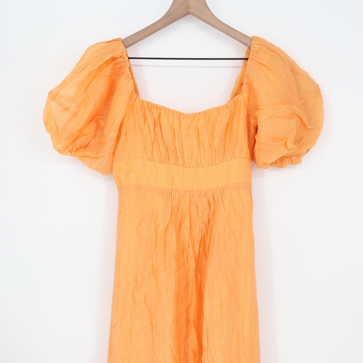 Showpo Roshine Orange Puff Sleeve Straight Neck Midi Dress Size 4