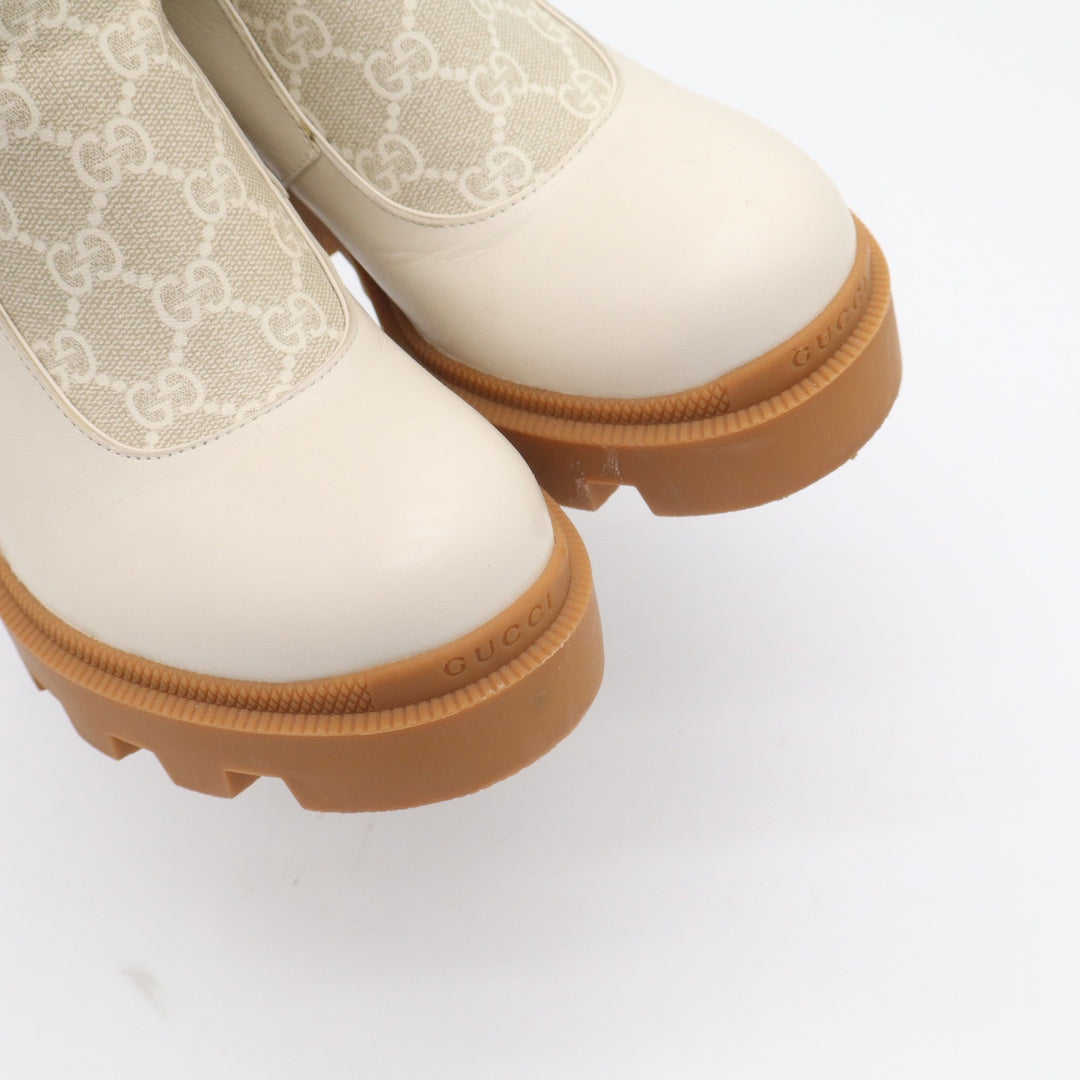 Gucci GG Supreme Leather Lug Sole Platform Buckle Ankle Boots White 38.5