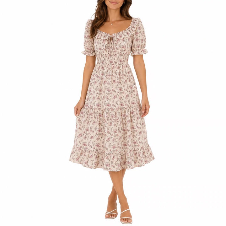 Trixxi Los Angeles Floral Smocked Midi Dress Cream Pink XS Peasant