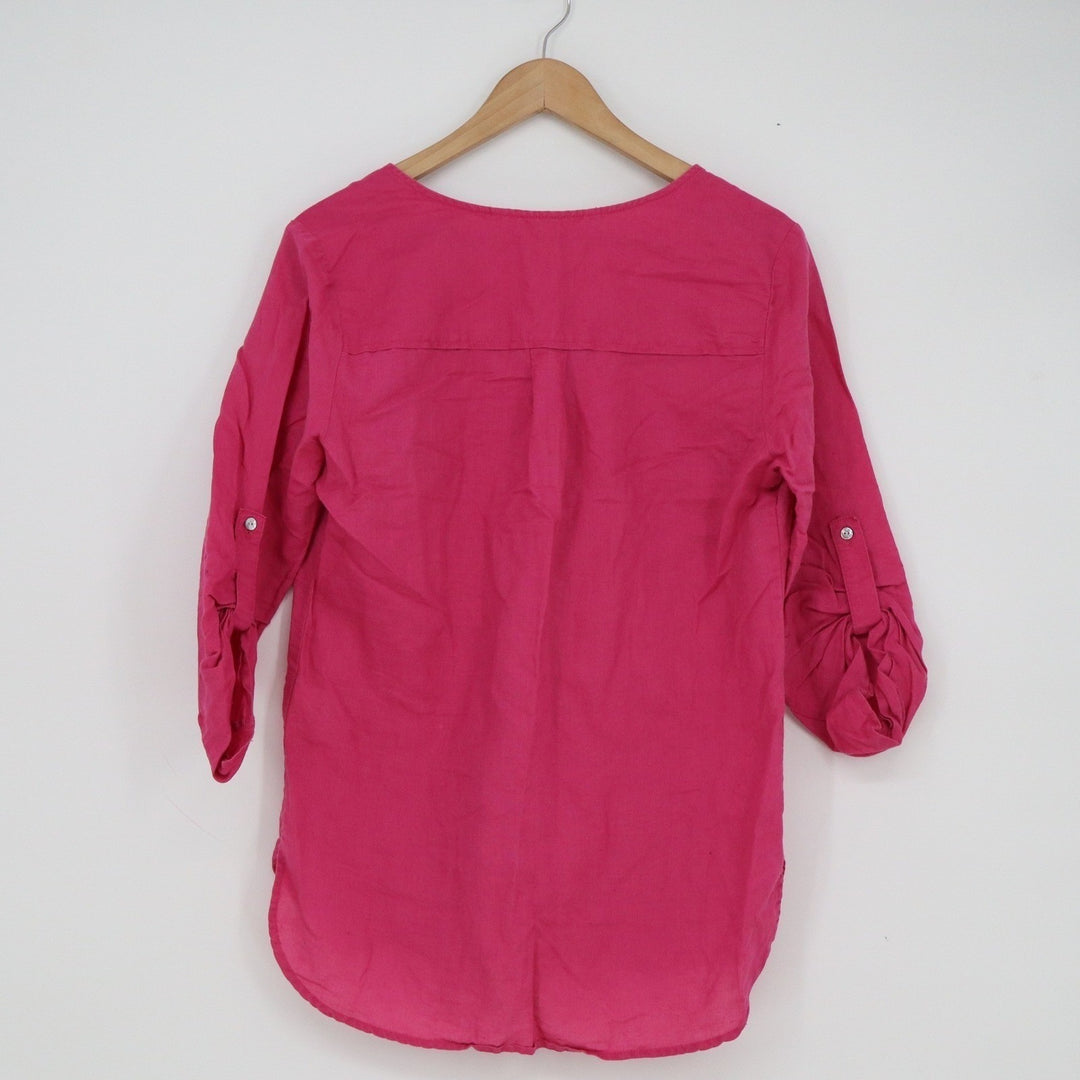 Max Studio Fuchsia Pink Linen Cotton Roll Tab Sleeve Tunic Blouse Small