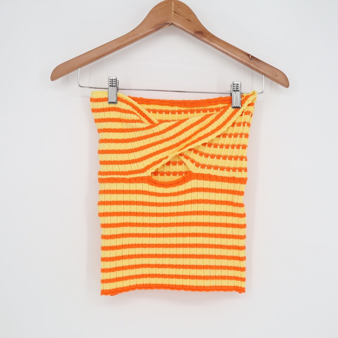 Orange Yellow Striped Ribbed Knit Twist Front Keyhole Tube Top Large