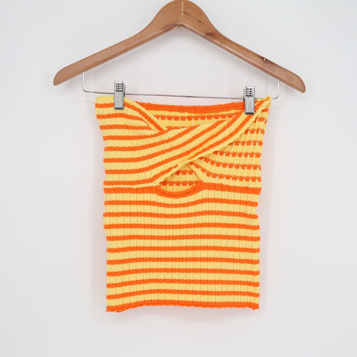 Orange Yellow Striped Ribbed Knit Twist Front Keyhole Tube Top Large