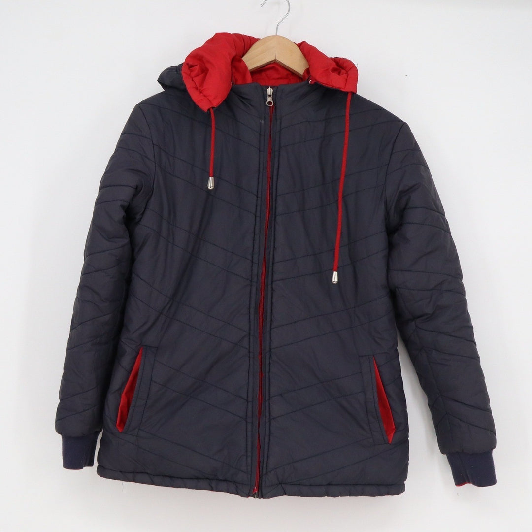 Navy Blue Red Quilted Puffer Jacket Hooded Full Zip Chevron Stitch Mens Small