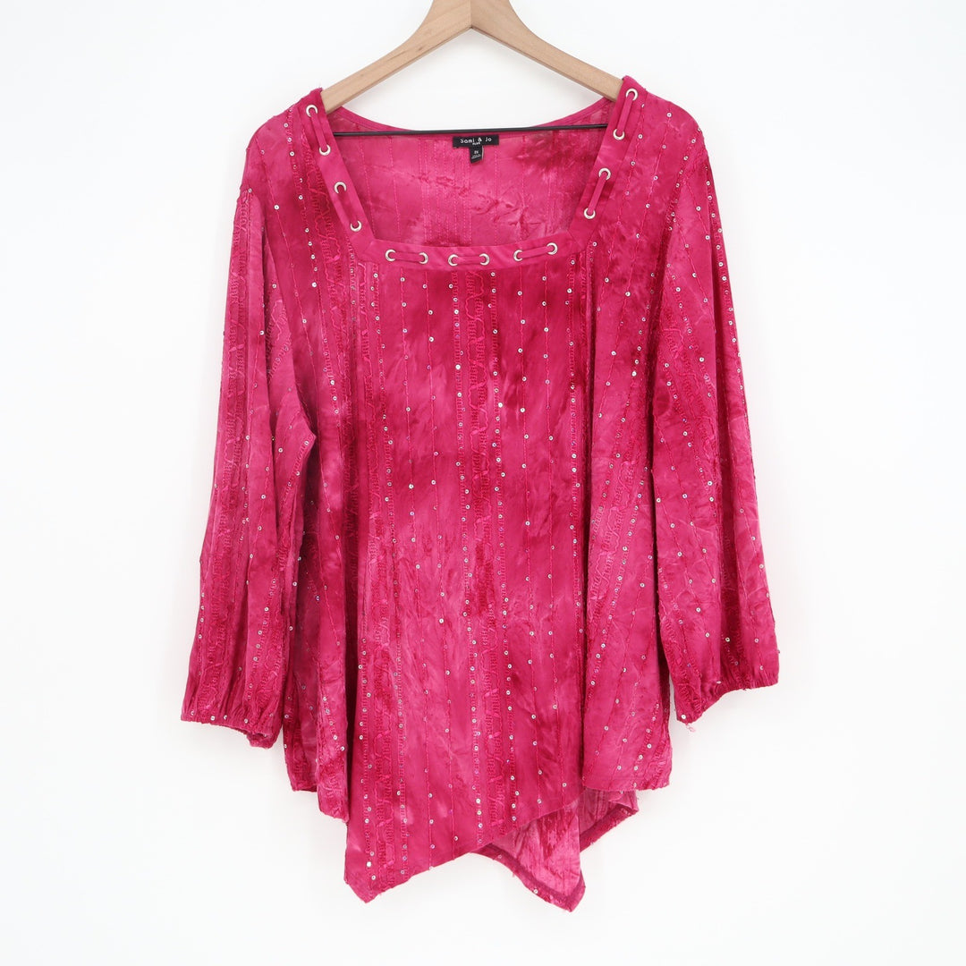 Sami & Jo Blouse Womens 2X Plus Square Neck Pink Sequin Grommet Excellent
