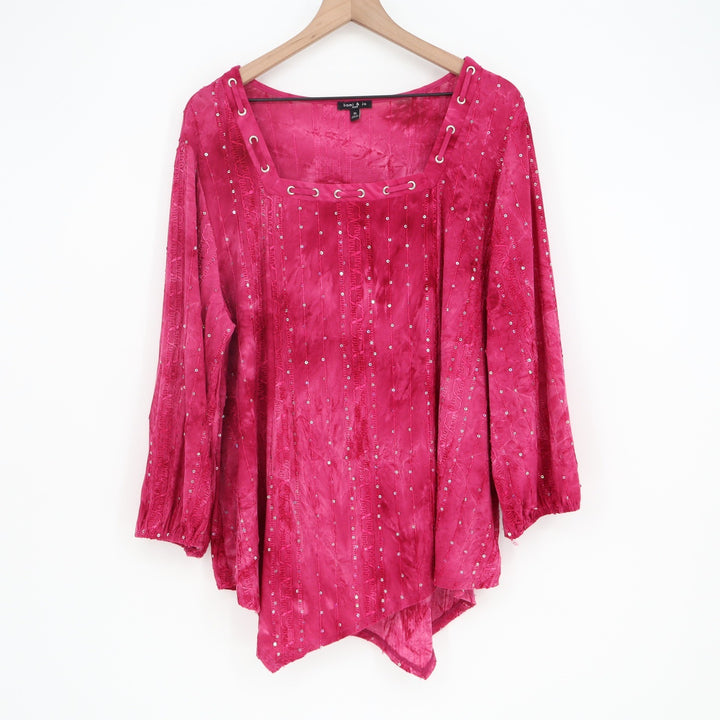 Sami & Jo Blouse Womens 2X Plus Square Neck Pink Sequin Grommet Excellent