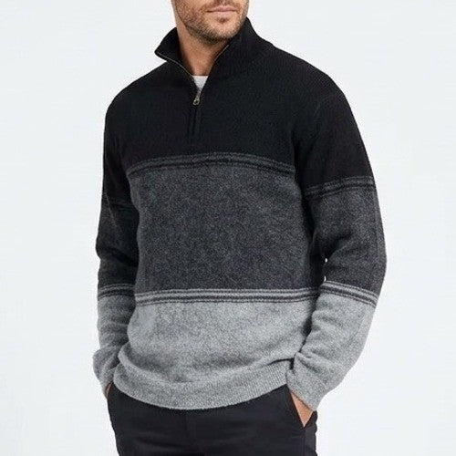 Sweater Men's Gray Striped Knitted Quarter Zip Long Sleeve Cozy Comfy Outdoor