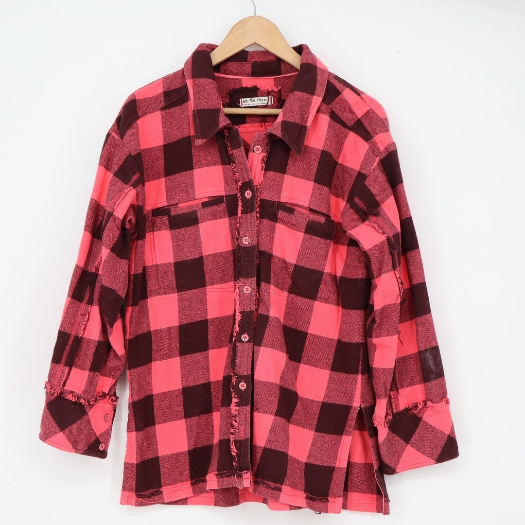 We The Free Button-Down Womens XS Distressed Plaid Pink Frayed Cotton Excellent