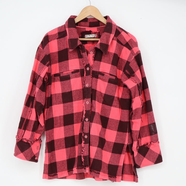 We The Free Button-Down Womens XS Distressed Plaid Pink Frayed Cotton Excellent