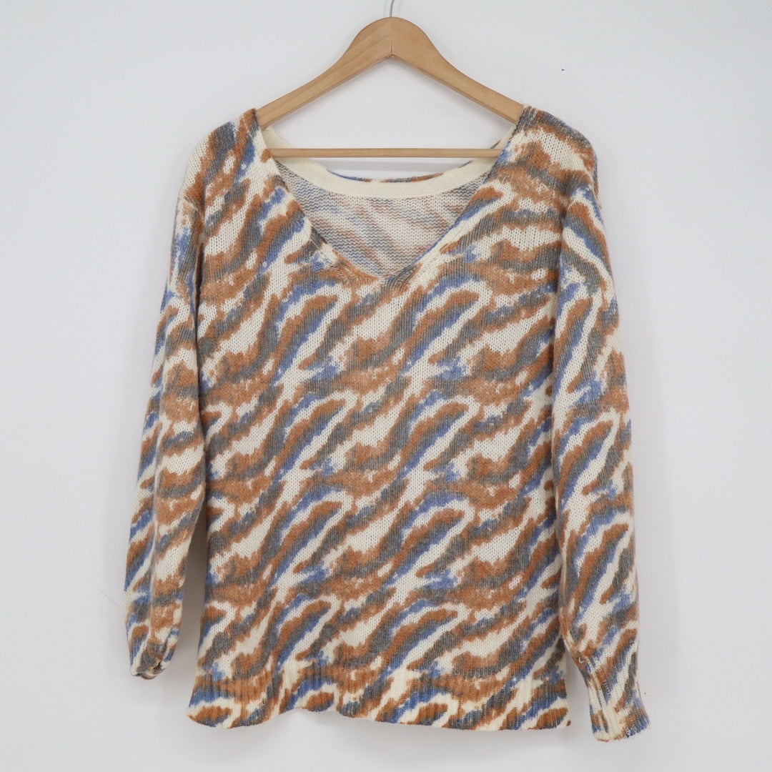 Jessica Simpson Womens Tiger Stripe V-Neck Sweater Brown Blue Size Small