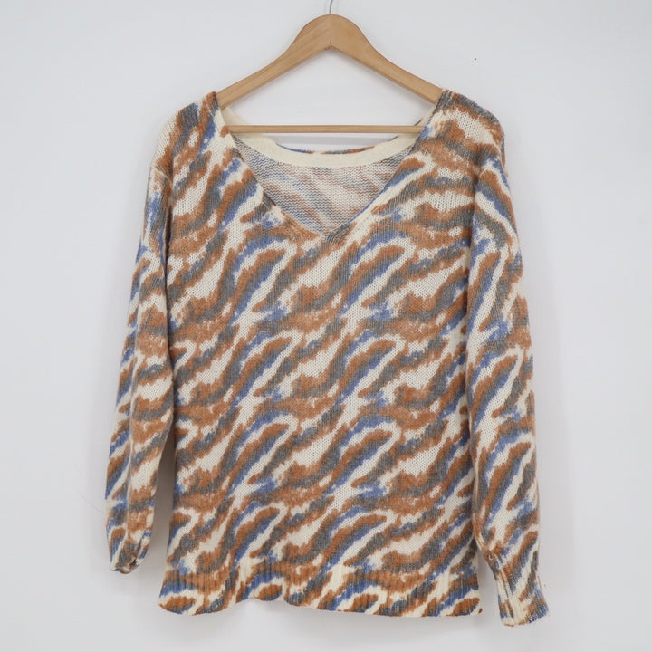 Jessica Simpson Womens Tiger Stripe V-Neck Sweater Brown Blue Size Small