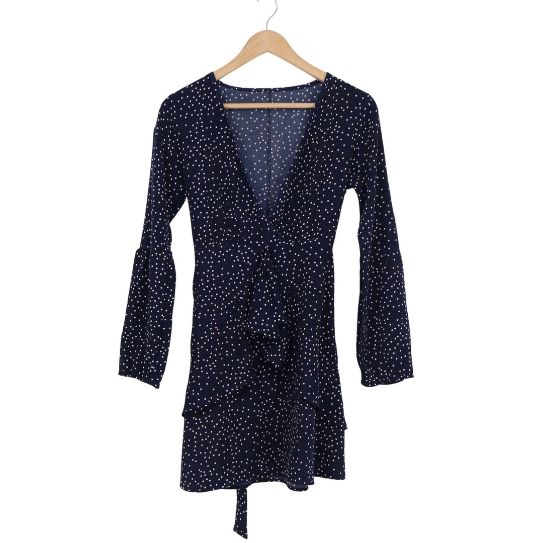Navy Blue Polka Dot Wrap Mini Dress Long Bell Sleeve V-Neck Ruffle Tiered Size M