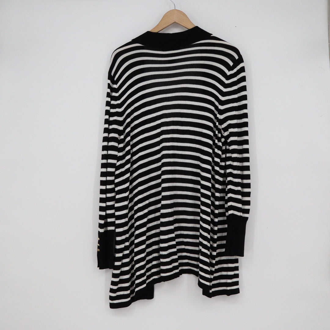 Joan Vass New York Womens XL Striped Open Front Cardigan Black White Gold Button