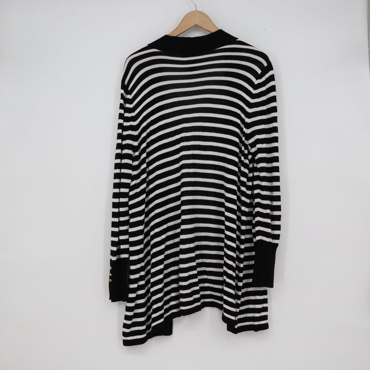 Joan Vass New York Womens XL Striped Open Front Cardigan Black White Gold Button