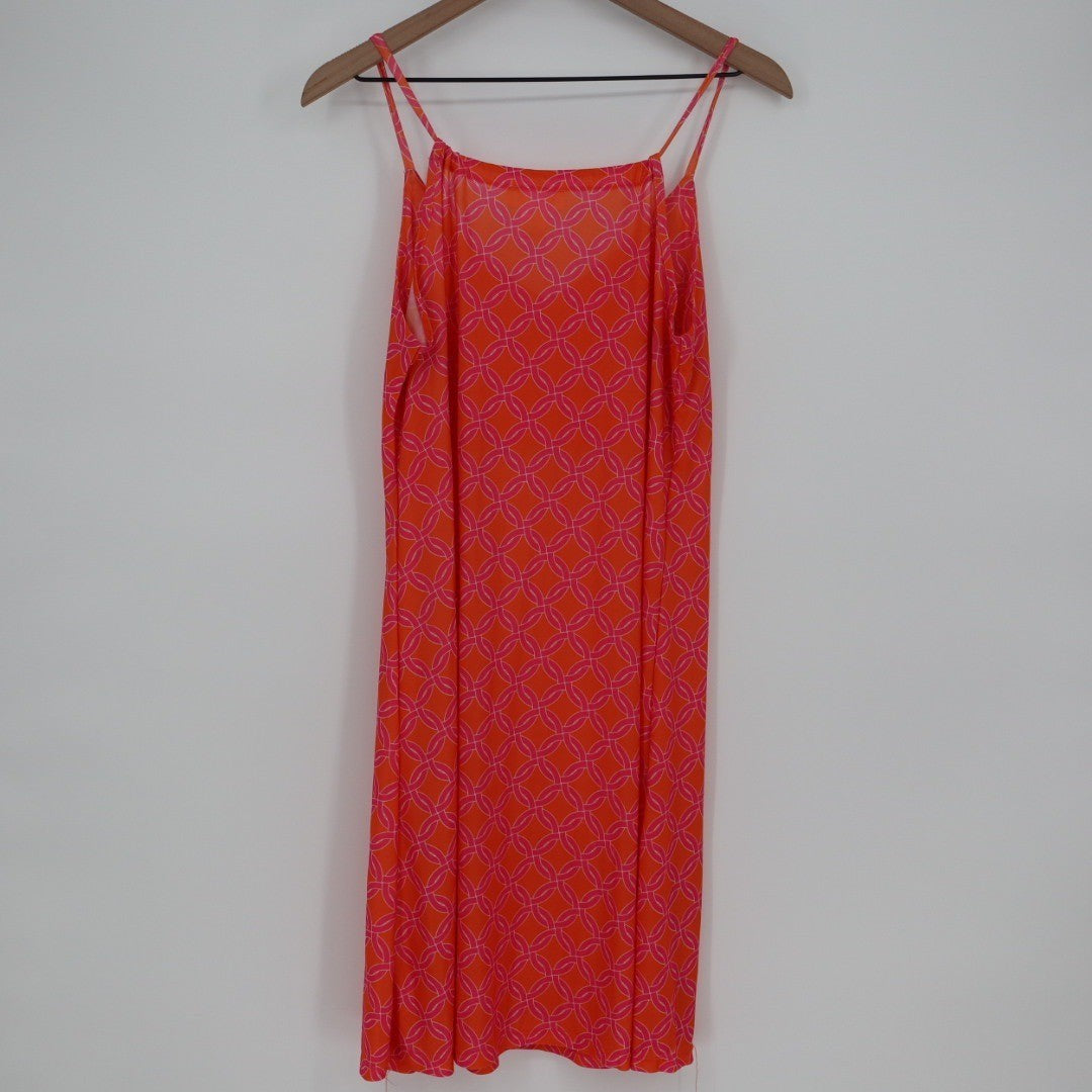 Top it off Orange Pink Geometric Print Spaghetti Strap V Neck Midi Dress Size L