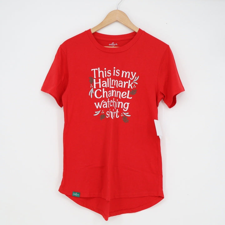 Hallmark Channel Womens Red Graphic T-Shirt Christmas Movie Watching Shirt Med