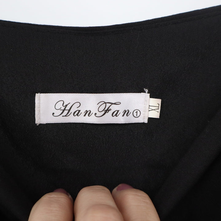 Han Fan Womens Black Square Neck Long Sleeve Midi A-Line Dress XL