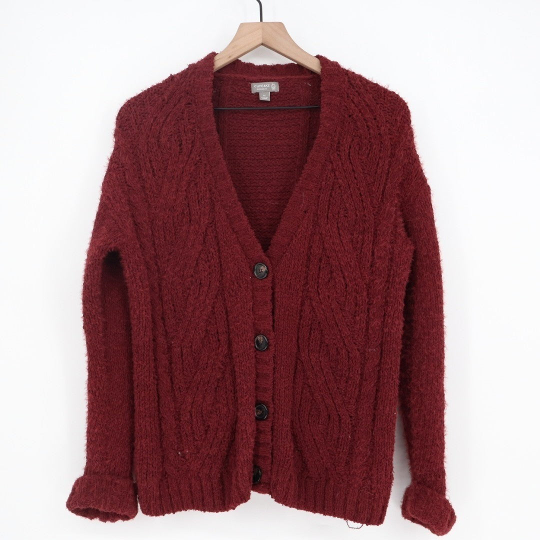 Cupcake Cardigan Sweater Womens Medium Maroon Chunky Cable Knit Long Sleeve