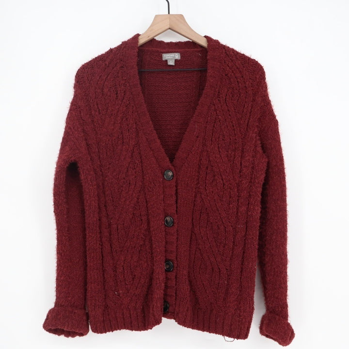 Cupcake Cardigan Sweater Womens Medium Maroon Chunky Cable Knit Long Sleeve