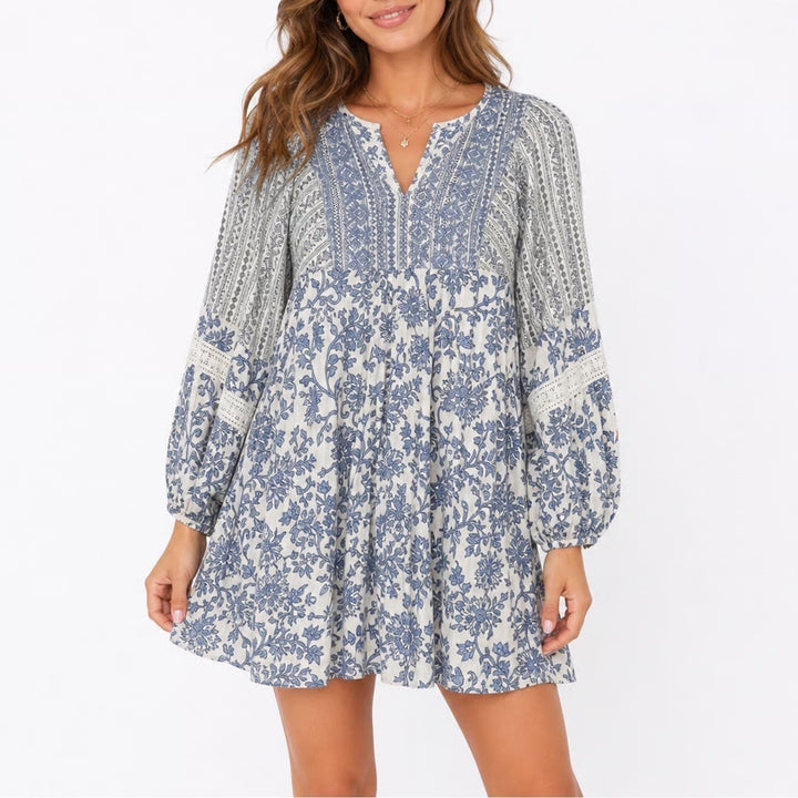 Sincerely Jules Blue Cream Floral Boho Mini Dress Long Sleeve Smocked Back Small