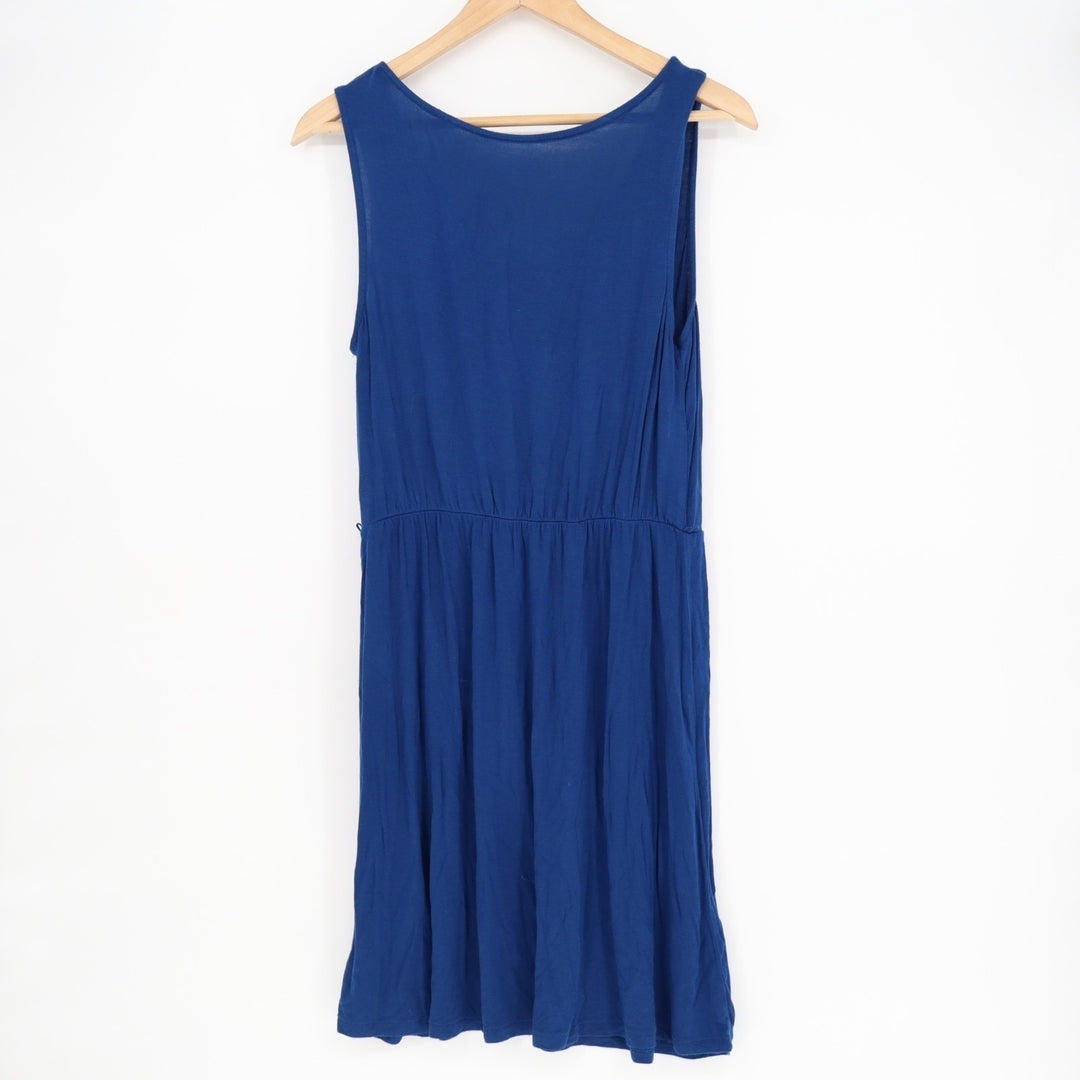 Merona Fit & Flare Dress Womens Medium Royal Blue Rayon Stretch Pleated V Neck