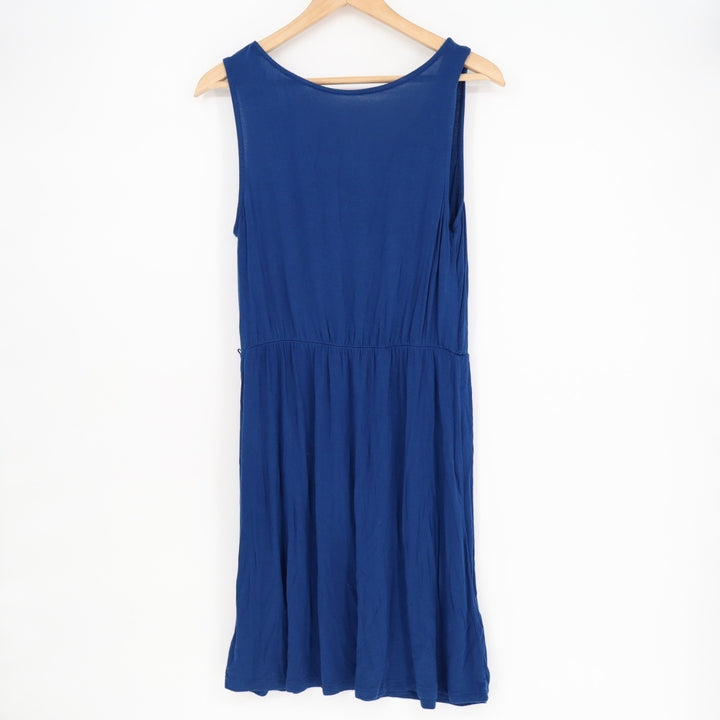Merona Fit & Flare Dress Womens Medium Royal Blue Rayon Stretch Pleated V Neck