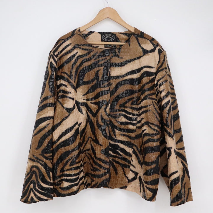 Selene Sport Tiger Print Crocodile Embossed Button Front Jacket Brown Plus 22W
