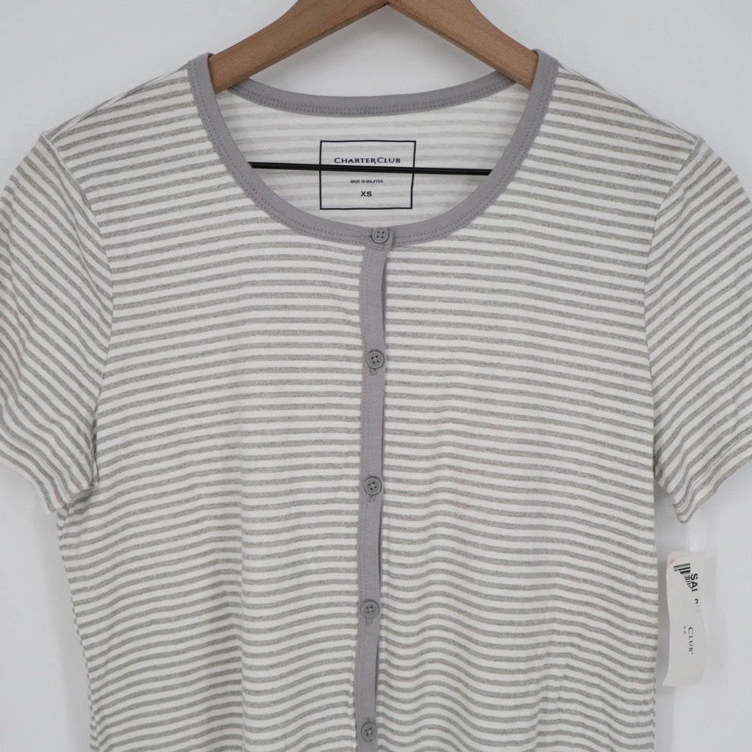 Charter Club Intimates Pajama Shirt Womens XS Gray White Striped Button Front