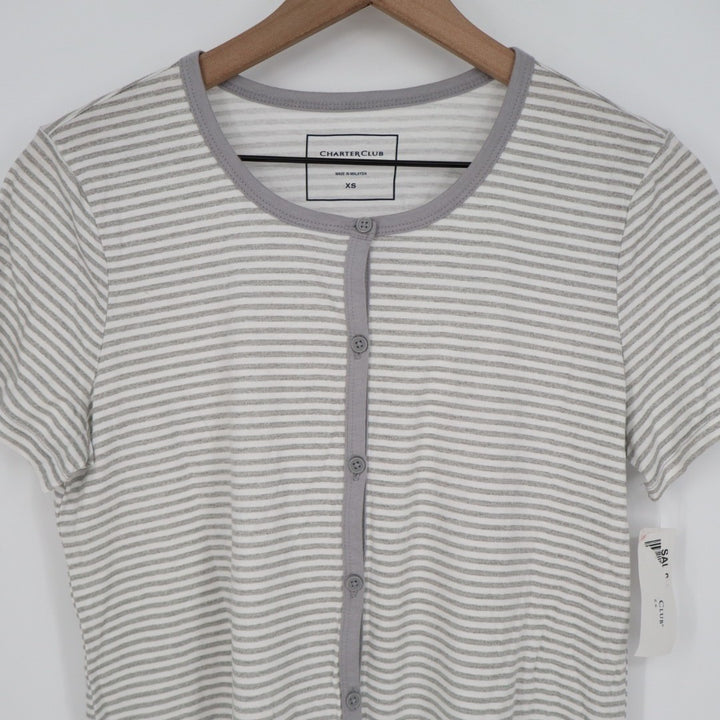 Charter Club Intimates Pajama Shirt Womens XS Gray White Striped Button Front