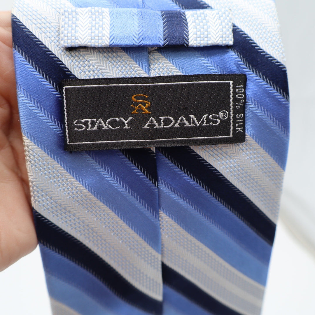 Stacy Adams Necktie Mens OS Striped Blue White Silk Hand Made Excellent