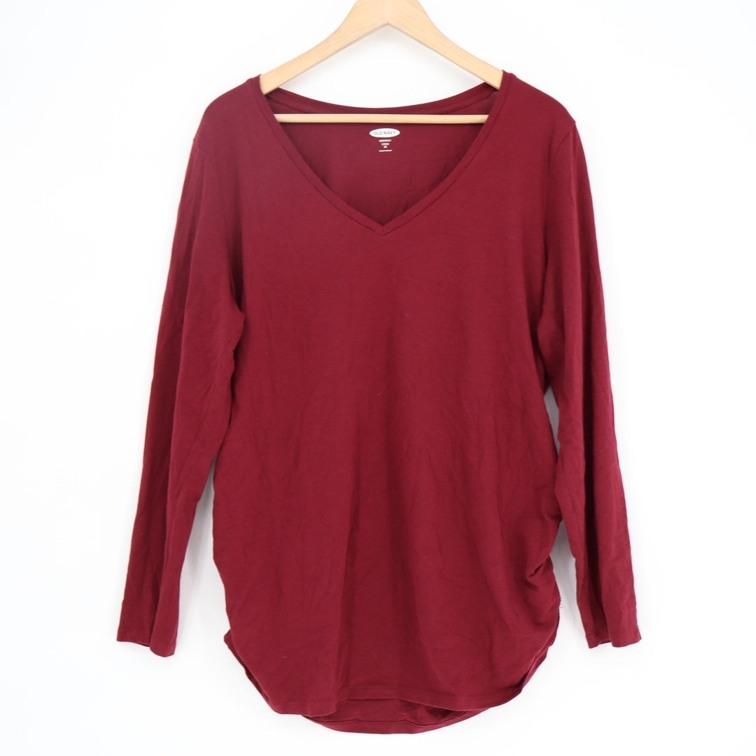 Old Navy Maternity Fitted V-Neck Long Sleeve Ruched Top Burgundy XL