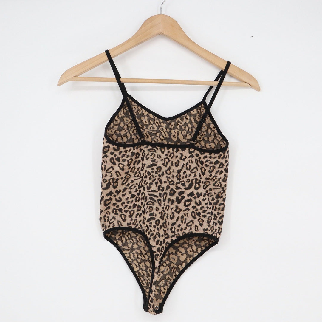 Leopard Print V-Neck Knit Bodysuit Tan Black Sleeveless XS