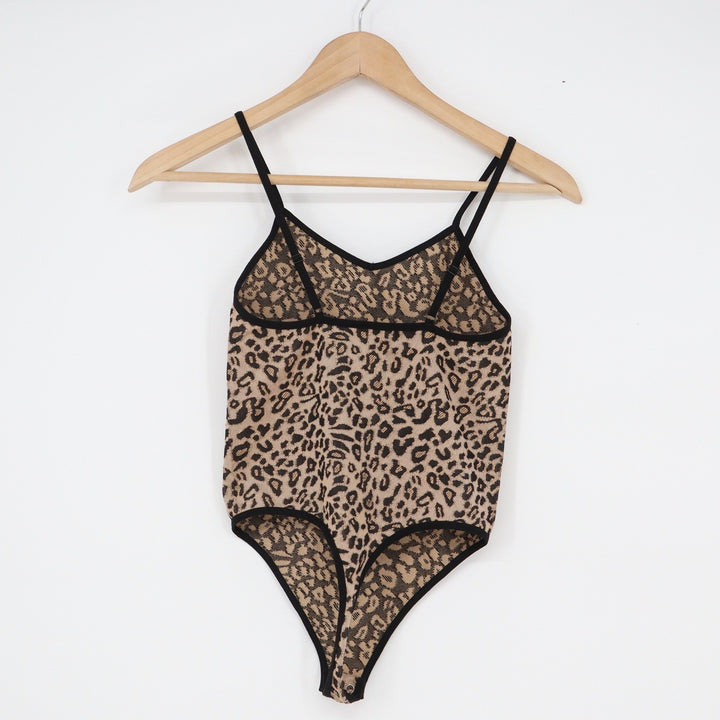 Leopard Print V-Neck Knit Bodysuit Tan Black Sleeveless XS