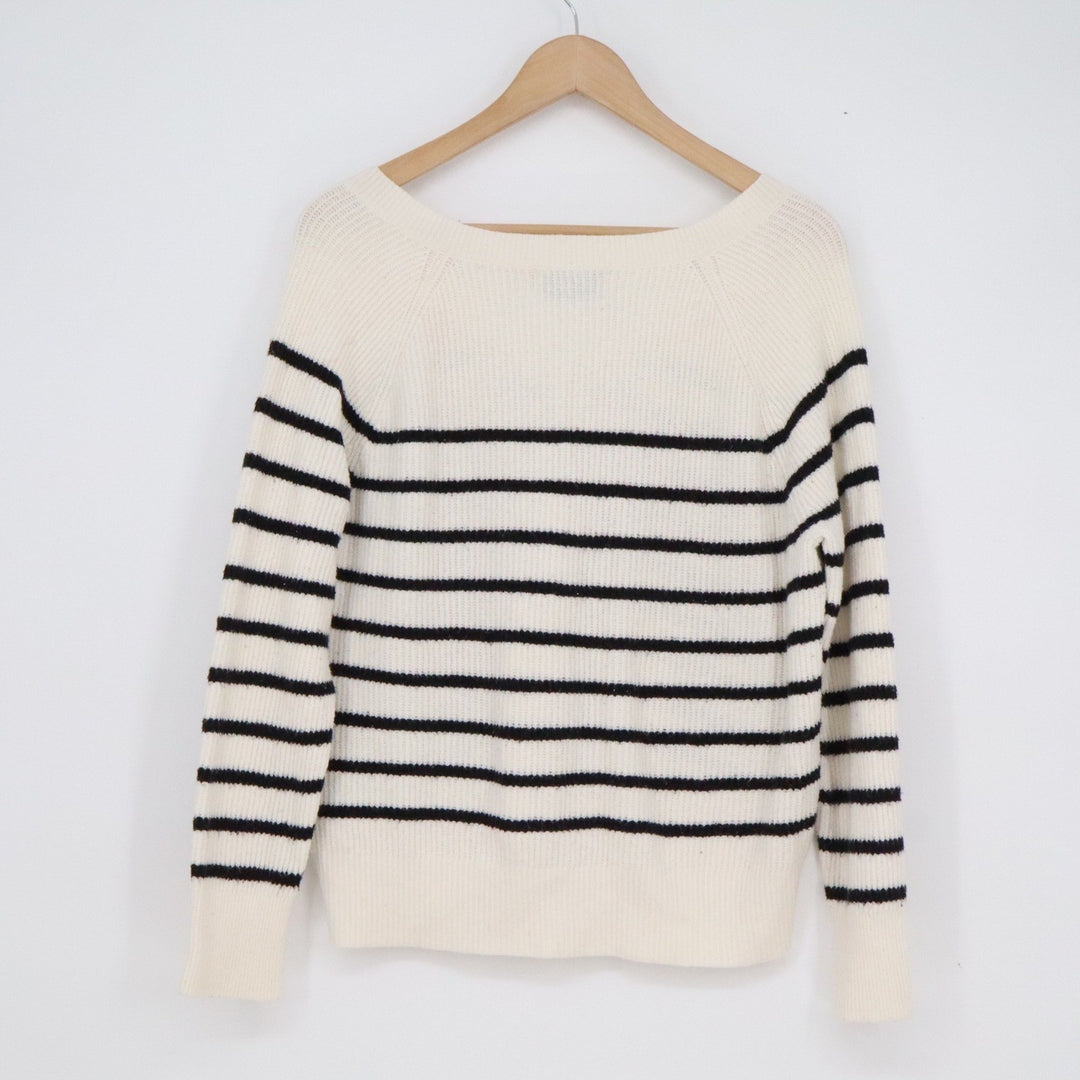 Old Navy Womens XS Cream Black Striped V-Neck Ribbed Knit Pullover Sweater