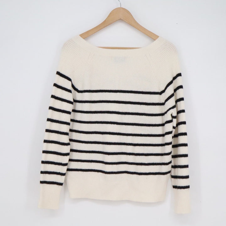 Old Navy Womens XS Cream Black Striped V-Neck Ribbed Knit Pullover Sweater