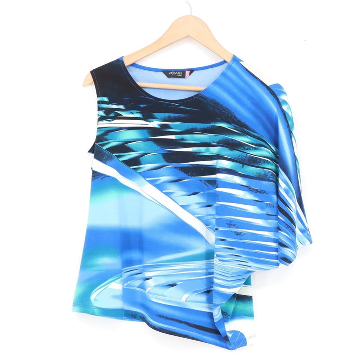 Woman Prima Blue Abstract Graphic Asymmetric Sleeveless Draped Top Large