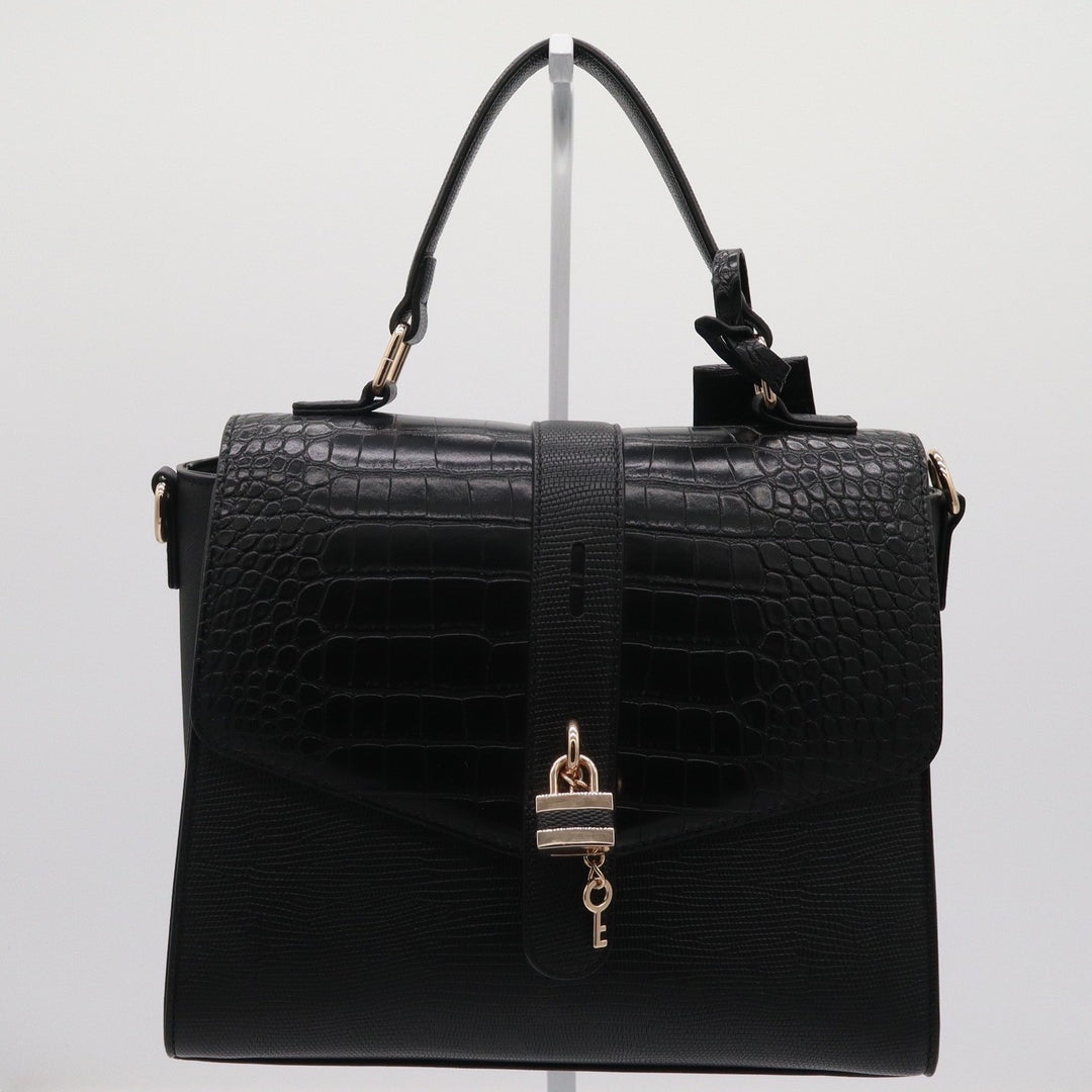 Aldo Black Croc Lizard Embossed Top Handle Satchel Bag Gold Padlock Detail