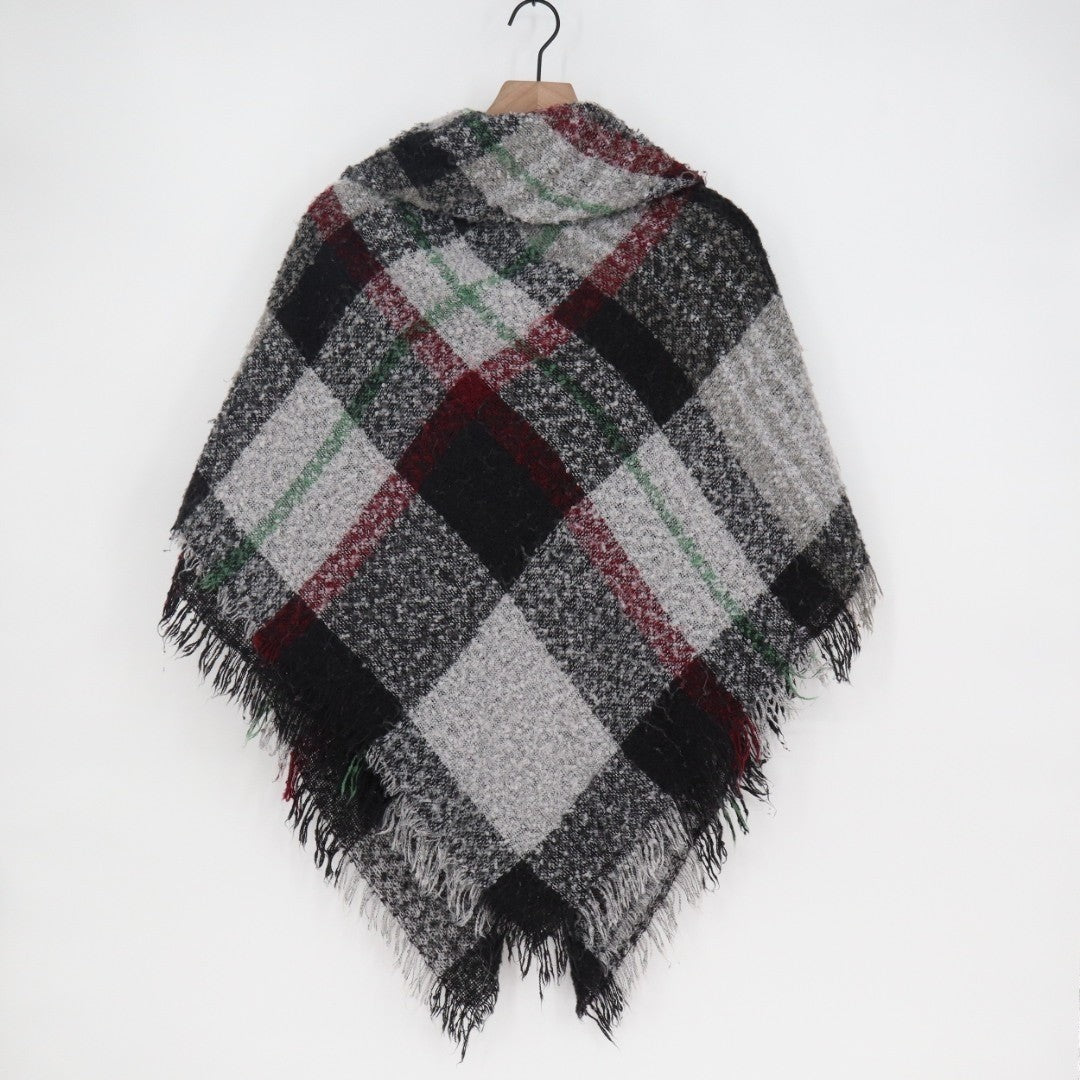 Altare Poncho Shrug Womens Gray Plaid Fringe Toggle Shawl Lapel Wrap Street Wear
