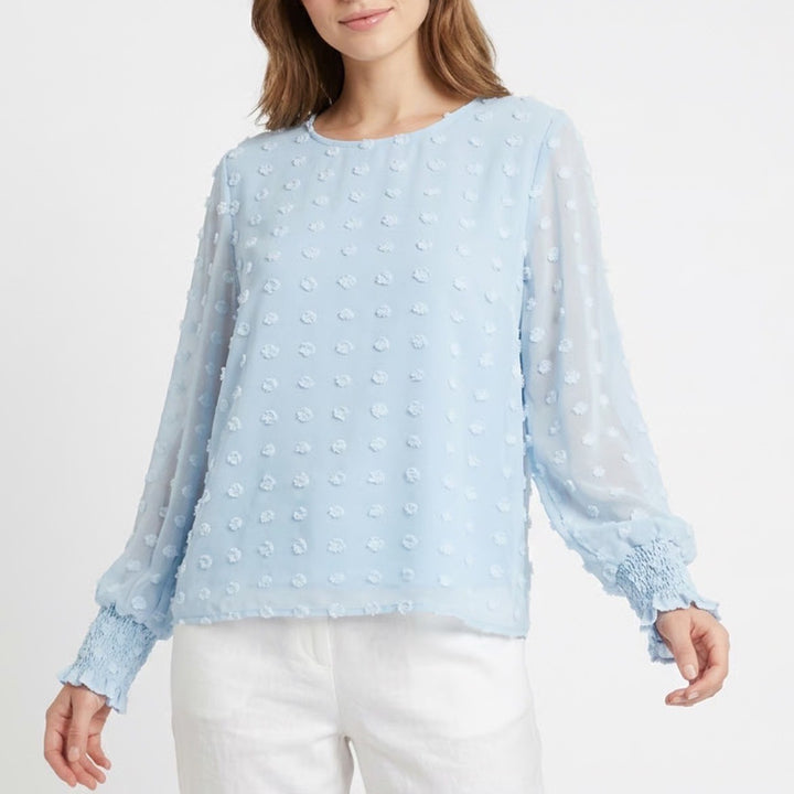 Blooming Jelly Tunic Blouse Women 2XL Light Blue Pom Pom Round Neck Smocked Calf