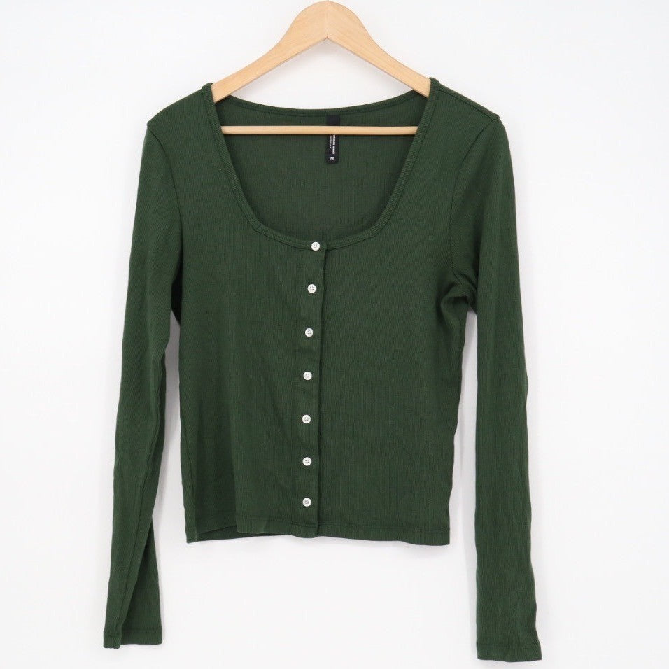 American Giant Ribbed Long Sleeve Button Up Scoop Neck Top Green Size M