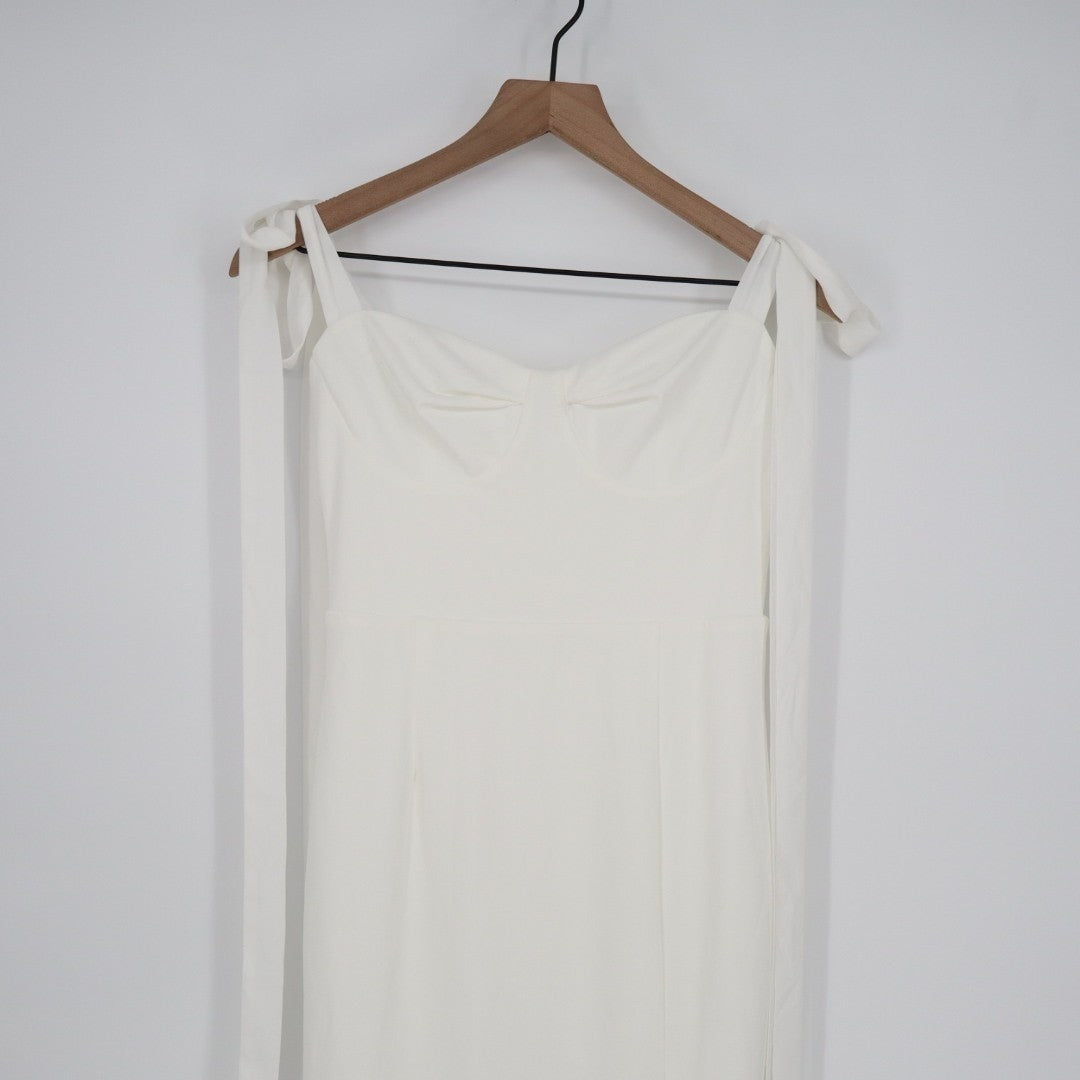 Lulus Maxi Dress Womens Small White Stretch Tie Shoulder Front Slit Back Button