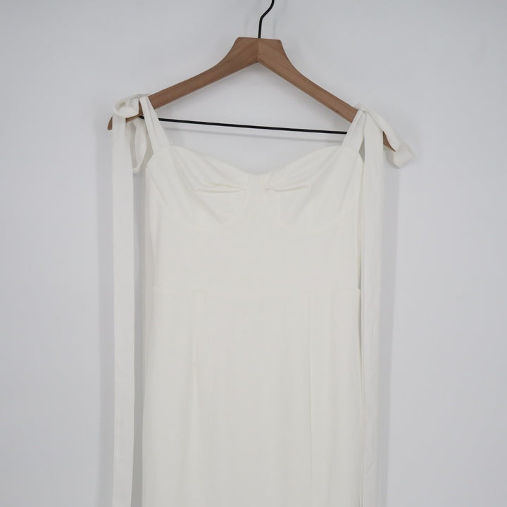 Lulus Maxi Dress Womens Small White Stretch Tie Shoulder Front Slit Back Button