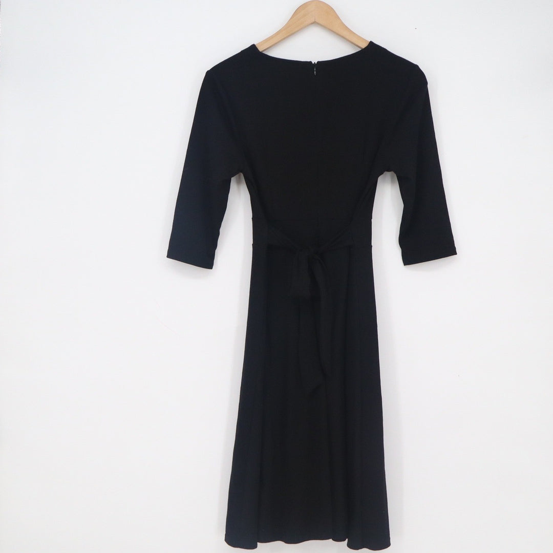 Black V-Neck Button Front Midi Dress 3/4 Sleeve Back Tie Size S