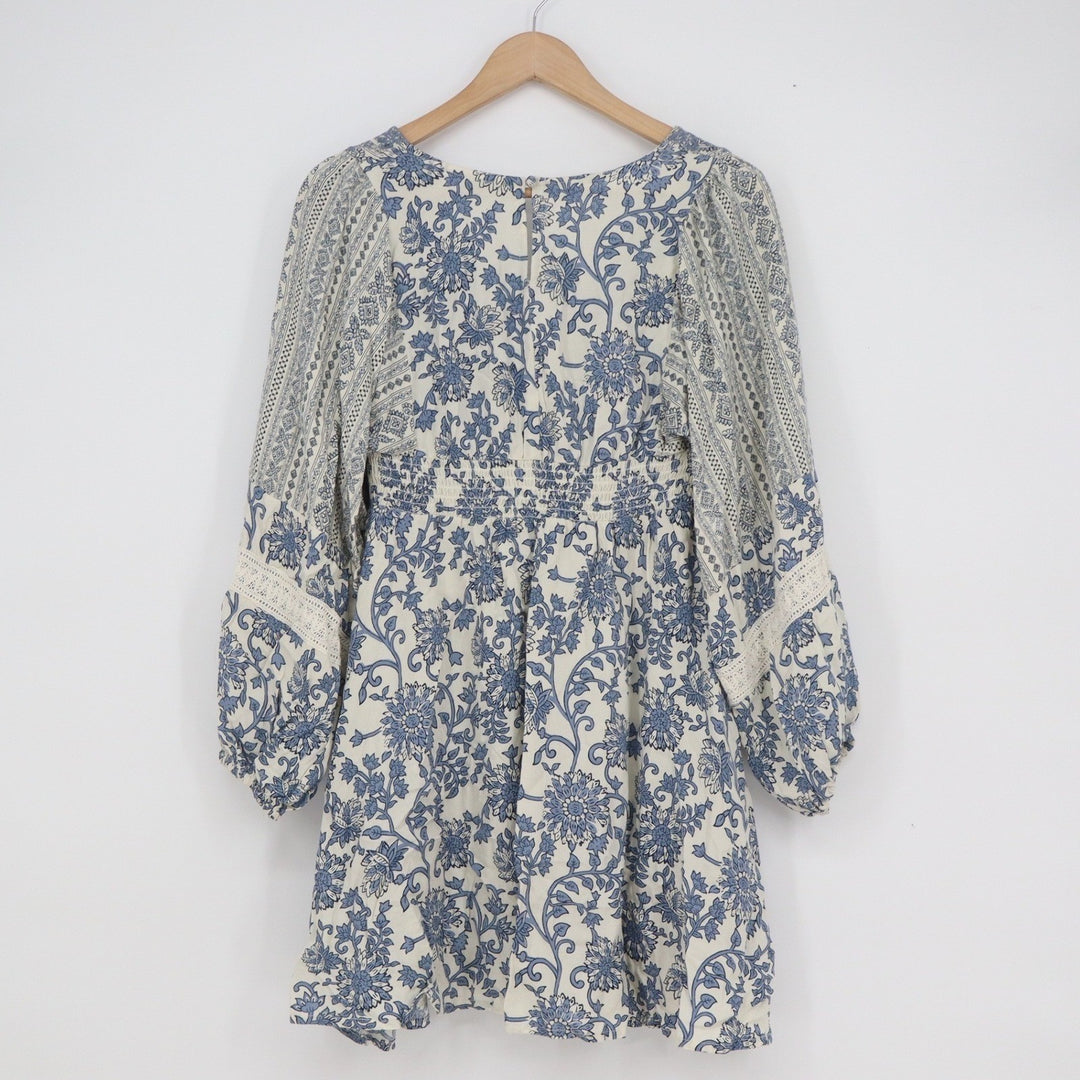 Sincerely Jules Blue Cream Floral Boho Mini Dress Long Sleeve Smocked Back Small