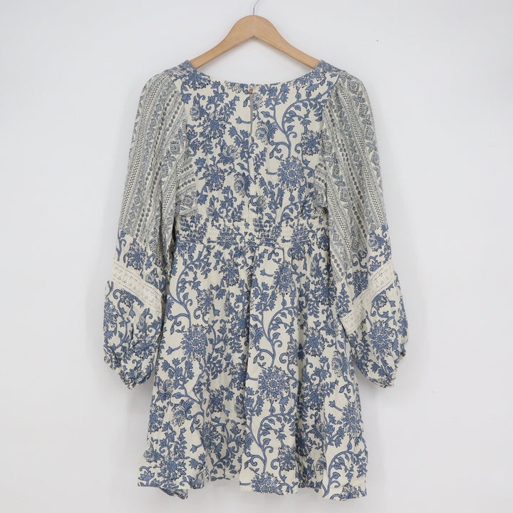 Sincerely Jules Blue Cream Floral Boho Mini Dress Long Sleeve Smocked Back Small