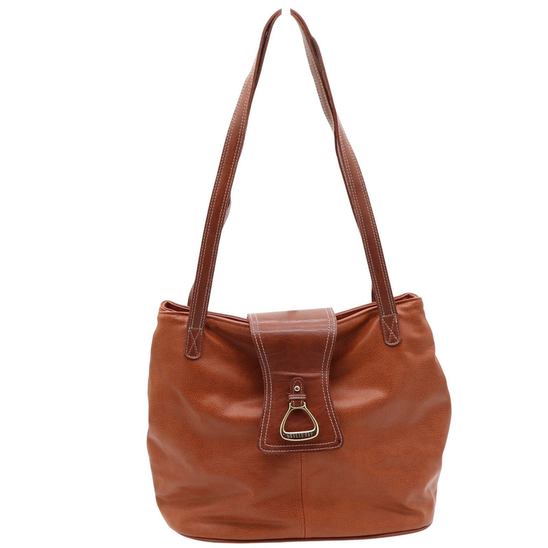 Leslie Fay Shoulder Bag Womens Medium Brown Leather Stirrup Hardware Good